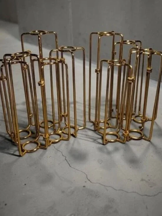 Mebane Handmade Metal Table Vase Holders (2) Hinged Antique Gold Finish GUC READ